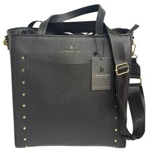 London Fog Sophia Studded Black Tote Bag NWT Faux Leather Gold Hardware